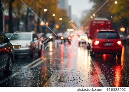 busy traffic on a wet city road on a rainy evening, city street in late autumn season 116322902