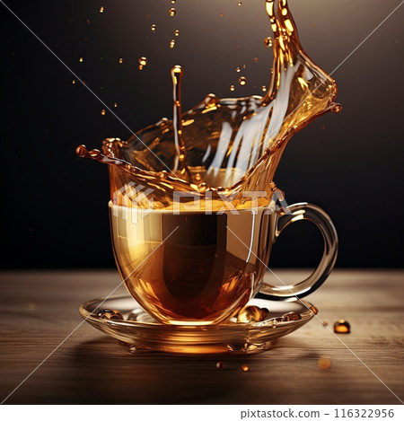 Overflowing Coffee Cup Spilling Over on a Dark Background. 116322956
