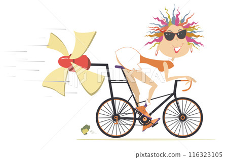 Cartoon cycling woman. Smiling young cyclist woman on the bike tries to ride faster using a propeller. Isolated on white background Cartoon cycling woman. Smiling young cyclist woman on the bike tries to ride faster using a propeller. Isolated on white background 116323105