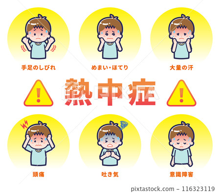 A boy complaining of various heatstroke symptoms A boy complaining of various heatstroke symptoms 116323119