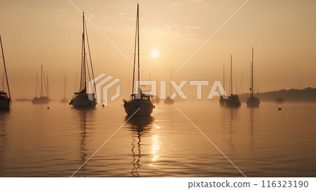 Silhouette of sailboat on calm ocean at sunrise, reflecting peaceful and tranquil atmosphere. Silhouette of sailboat on calm ocean at sunrise, reflecting peaceful and tranquil atmosphere. 116323190