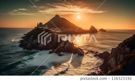 Ethereal Sunrise over Coastal Horizon, serene beauty, panoramic view, gentle waves, tranquil escape. Ethereal Sunrise over Coastal Horizon, serene beauty, panoramic view, gentle waves, tranquil escape. 116323192