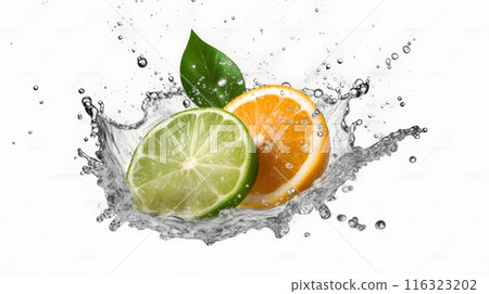 Slice of citrus and orange with water splash white background for advertisement and commercial. 116323202