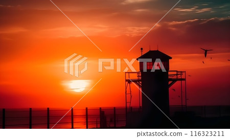 Silhouette light house at the bay beautiful evening sunset golden hour sea scape. Silhouette light house at the bay beautiful evening sunset golden hour sea scape. 116323211