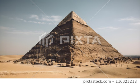 Ancient pyramid at the desert, blue sky, egyptian culture. 116323218