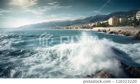 Captivating Power of Nature, coastal beauty with crashing waves. Wind Wave at Coastal Shoreline. 116323220