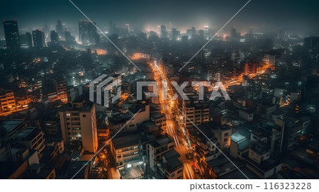 Beautiful metropolitan city skyscraper high rise building in the night sky busy night life, misty foggy city landscape. Beautiful metropolitan city skyscraper high rise building in the night sky busy night life, misty foggy city landscape. 116323228