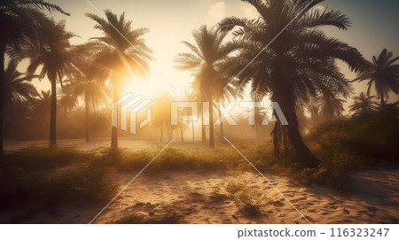 Misty morning landscape with palm tree, sunbeam, and tranquil scene in nature. Misty morning landscape with palm tree, sunbeam, and tranquil scene in nature. 116323247