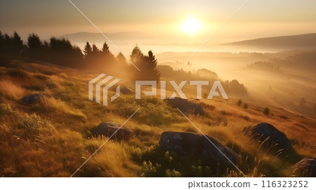 Misty morning landscape with rolling hills, forest, and golden sunrise, rock and grassland. 116323252
