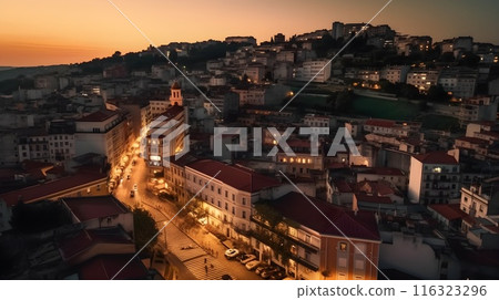 Nighttime Cityscape: Illuminated Residential District in the Evening Sky 116323296