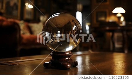 A large shiny transparent glass ball sphere crystal in the table indoor. A large shiny transparent glass ball sphere crystal in the table indoor. 116323305
