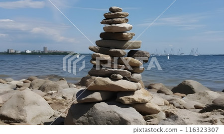Pyramid of stone stack each other at the rocky beach. Balance rock or tower of stone. Pyramid of stone stack each other at the rocky beach. Balance rock or tower of stone. 116323307