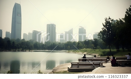 Cityscape with skyscrapers, trees, and reflection in lake water. 116323337
