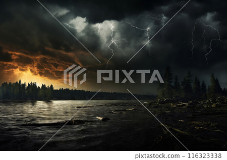 night landscape, dark dramatic stormy sky with lightning and cumulus clouds over forest and river, for abstract background 116323338