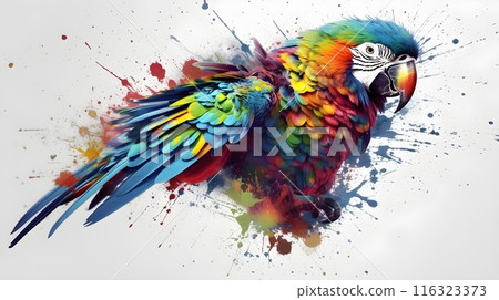 Illustration art watercolor of Scarlet Macaw bird with colorful feather artistic isolated on white background. Illustration art watercolor of Scarlet Macaw bird with colorful feather artistic isolated on white background. 116323373