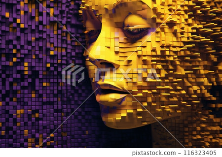 portrait of a human face made of mosaic of disintegrating square shapes and cubes background, cybernetics, computer rendering, digital 3d art 116323405