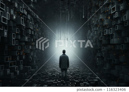a man stands in the distance in space, surrounded by a lot of dark and black blocks and cubes on the floor and walls, in the style of 3D rendering a man stands in the distance in space, surrounded by a lot of dark and black blocks and cubes on the floor and walls, in the style of 3D rendering 116323406