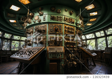 command post of a retro analog control center for an industrial enterprise or a nuclear power plant, control panel, devices for industrial and scientific research and measurements 116323439