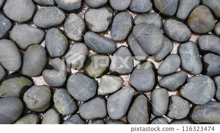 Gray pebble stone texture on the ground, park and garden pathway decoration. Gray pebble stone texture on the ground, park and garden pathway decoration. 116323474