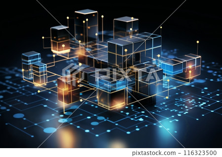 abstract dark mosaic background with many golden and blue block shapes, in the style of 3D rendering, digital art 116323500