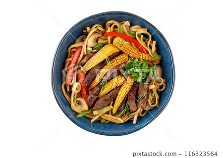 Udon noodles with beef and vegetables for the menu, website, restaurant or food delivery Udon noodles with beef and vegetables for the menu, website, restaurant or food delivery 116323564
