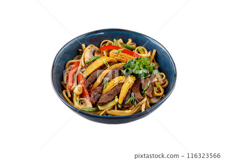 Udon noodles with beef and vegetables for the menu, website, restaurant or food delivery Udon noodles with beef and vegetables for the menu, website, restaurant or food delivery 116323566