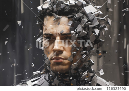 portrait of person with 3D blocks, particles and structures around head, symbol of augmented reality and computer technologies of future, concepts of cybernetics, biomechanics and robotics 116323690