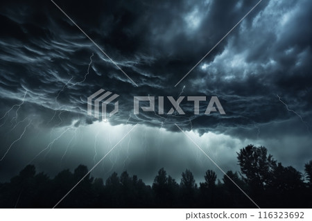 night forest landscape, dark dramatic stormy sky with lightning and cumulus clouds for abstract background 116323692