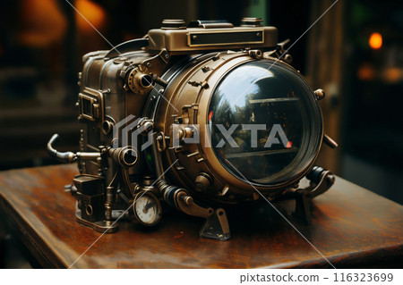 retro mechanical camera or hybrid measuring device, close-up of an object, steampunk-style concept 116323699