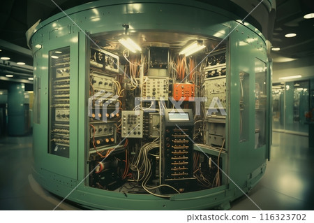 industrial data center, retro analog devices for industry and scientific research and measurements, in interior of laboratory, concept of retro futurism, lamp electronics 116323702