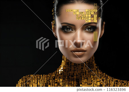 woman's face with 3D particles in space as a symbol of augmented reality and computer technologies of the future, a close-up portrait, the concept of cybernetics, biomechanics and robotics 116323896