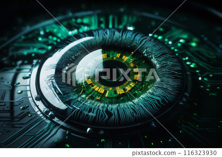 artificial eye closeup, augmented cyber reality and digital vision of the future and information processing artificial eye closeup, augmented cyber reality and digital vision of the future and information processing 116323930
