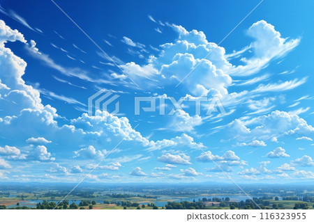 beautiful landscape aerial view with blue sky, white cumulus clouds and plain with fields and trees for abstract background 116323955