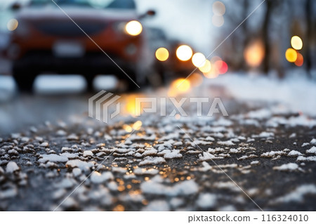 cars on the background of a winter snow-covered road with ice, the concept of traffic safety on a slippery road 116324010