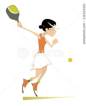 Smiling young woman playing pickleball.  Young woman plays pickleball. Isolated on white background 116324101