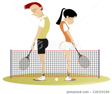 Tennis court. Quarrel between players. Upset young man and woman standing back to back with down hands on the tennis court Tennis court. Quarrel between players. Upset young man and woman standing back to back with down hands on the tennis court 116324104