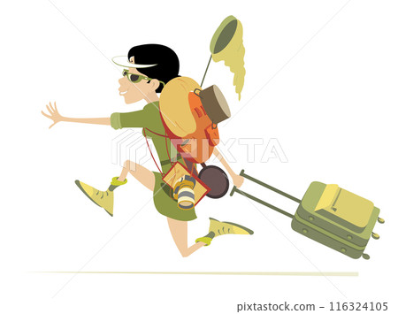 Happy running traveler woman. Smiling running tourist woman with tourist equipment on the back and bag in the hand. Isolated on white background 116324105