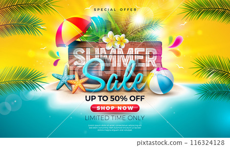 Summer Sale Design with Flower, Exotic Palm Leaves and Vintage Wood Board on Tropical Island Background. Vector Holiday Special Offer Business Illustration with Beach Ball and Sunglasses for Coupon 116324128