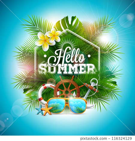 Hello Summer Illustration with Beach Holiday Elements, Flower and Tropical Palm Leaves on Ocean Blue Background. Vector Vacation Design Template with with Typography Letter for Banner, Flyer Hello Summer Illustration with Beach Holiday Elements, Flower and Tropical Palm Leaves on Ocean Blue Background. Vector Vacation Design Template with with Typography Letter for Banner, Flyer 116324129
