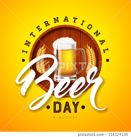 International Beer Day Design with Freshly Tapped Beer in the Mug, Barrel and Barley Ears on Yellow Background. August 4 Vector Cheers Celebration Holiday Illustration with Typography Letter for International Beer Day Design with Freshly Tapped Beer in the Mug, Barrel and Barley Ears on Yellow Background. August 4 Vector Cheers Celebration Holiday Illustration with Typography Letter for 116324130