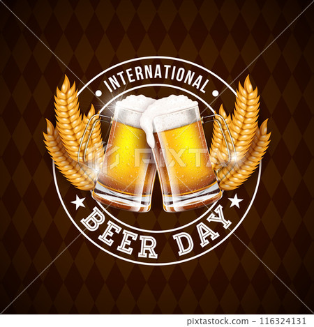International Beer Day Design with Freshly Tapped Beer in the Mug and Barley Ears on Abstract Brown Background. August 4 Vector Cheers Celebration Holiday Illustration with Typography Letter for International Beer Day Design with Freshly Tapped Beer in the Mug and Barley Ears on Abstract Brown Background. August 4 Vector Cheers Celebration Holiday Illustration with Typography Letter for 116324131