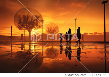 children play on the city playground at sunset sky 116324195