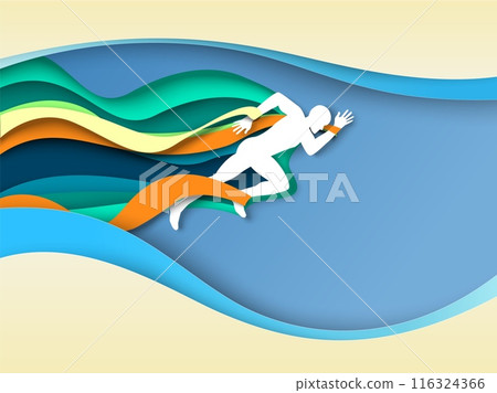 Running fitness man dynamic movement papercut background 116324366