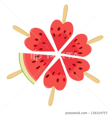 Ripe red cut segmented watermelon on wooden stick top view heart-shaped pieces. 116324757