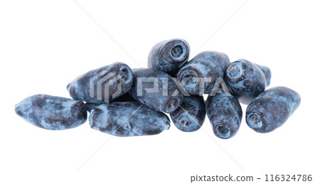Honeysuckle isolated on white background. Fresh honeysuckle blue berry fruits. Clipping path. Honeysuckle isolated on white background. Fresh honeysuckle blue berry fruits. Clipping path. 116324786
