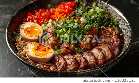 japanese ramen with chicken, green vegetables and eggs 116325153