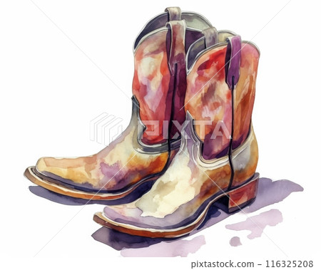 Cowboy boots. Symbols of America. Watercolor isolated illustration on white background.  116325208
