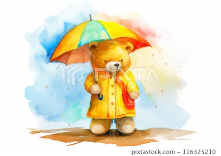 Teddy bear in raincoat under umbrella. Watercolor isolated illustration on white background. Teddy bear in raincoat under umbrella. Watercolor isolated illustration on white background. 116325210