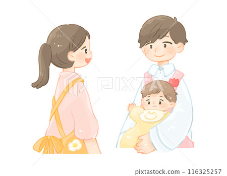 一位女保育員和一位男保育員抱著嬰兒 116325257