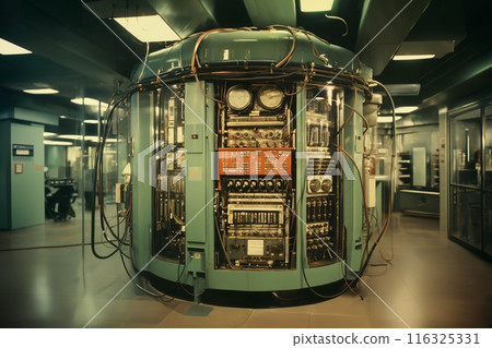 industrial data center, retro analog devices for industry and scientific research and measurements, in interior of laboratory, concept of retro futurism, lamp electronics 116325331